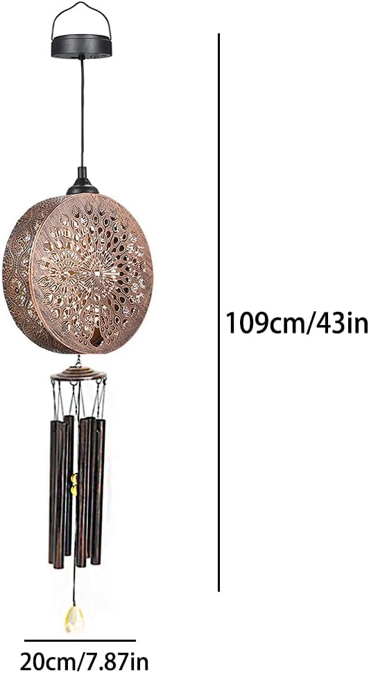 Campanillas de viento solares para exteriores, luces colgantes para exteriores, farol desmontable de metal con forma de pavo real, campanillas de viento conmemorativas de tono profundo, regalo decorativo