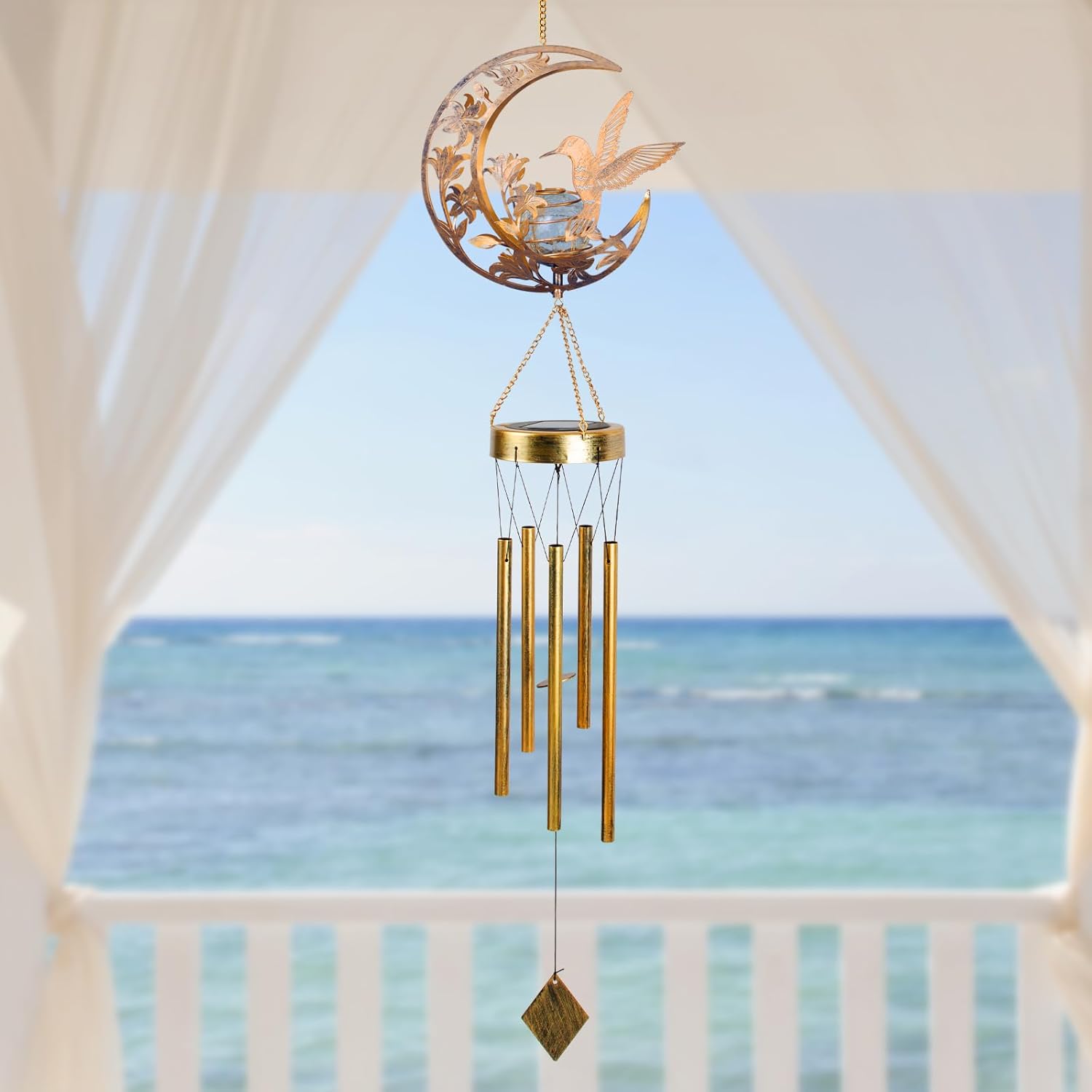 Campana de viento de colibrí lunar para exteriores, campanillas de viento de metal hechas a mano para jardín con dijes de colibrí, campanas de viento melódicas para la decoración del patio o porche, resistente a la intemperie.