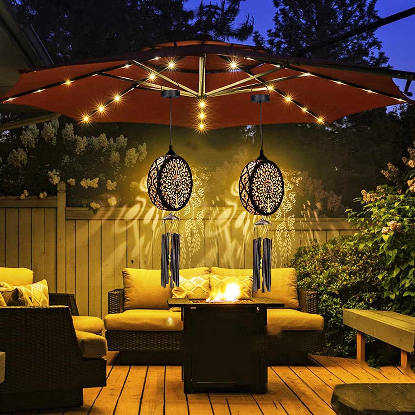 Campanillas de viento solares para exteriores, luces colgantes para exteriores, farol desmontable de metal con forma de pavo real, campanillas de viento conmemorativas de tono profundo, regalo decorativo