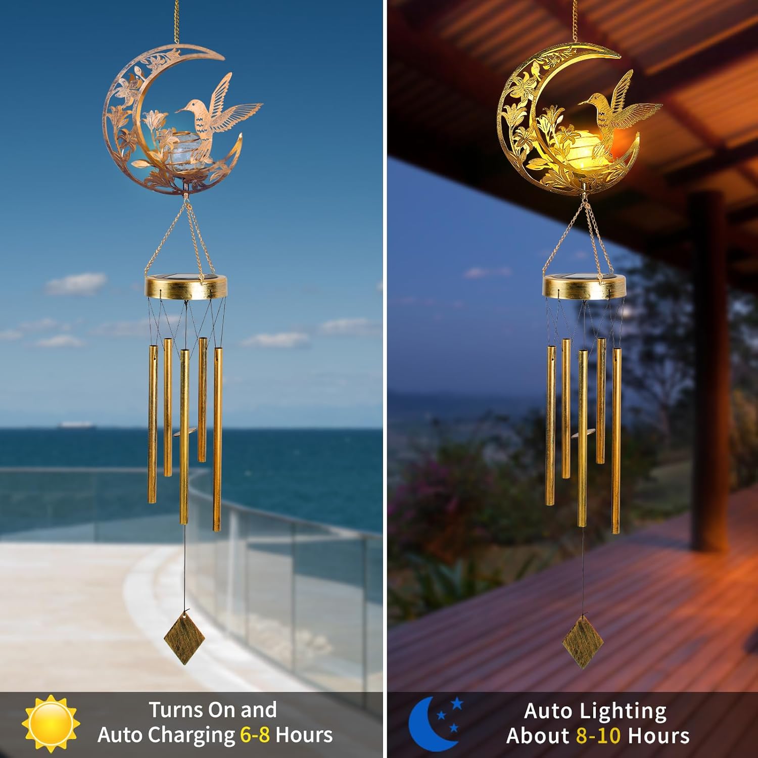 Campana de viento de colibrí lunar para exteriores, campanillas de viento de metal hechas a mano para jardín con dijes de colibrí, campanas de viento melódicas para la decoración del patio o porche, resistente a la intemperie.