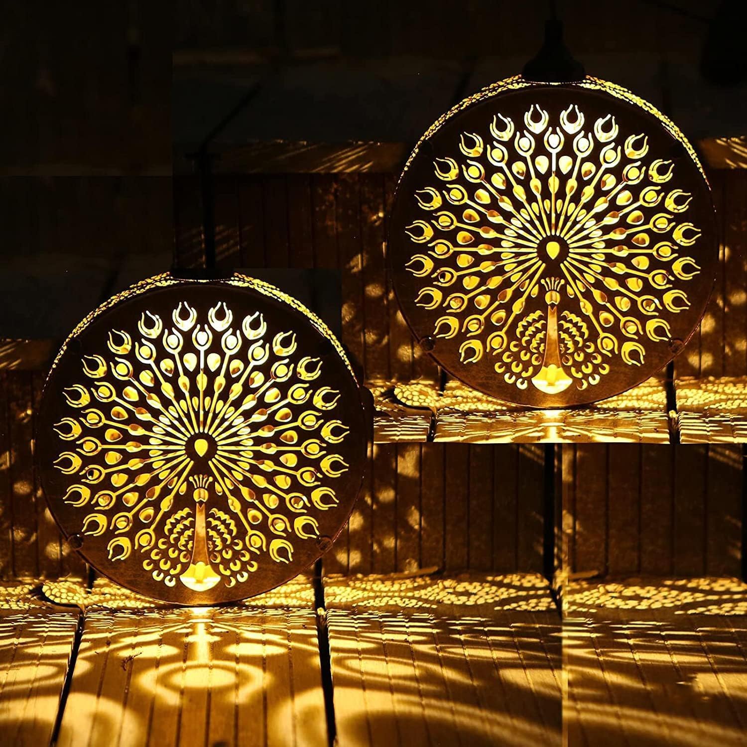 Campanillas de viento solares para exteriores, luces colgantes para exteriores, farol desmontable de metal con forma de pavo real, campanillas de viento conmemorativas de tono profundo, regalo decorativo